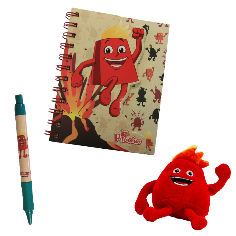 Set Peluche d'épaule Pitoufeu + Carnet à découpe Pitoufeu + Stylo grip Pitoufeu