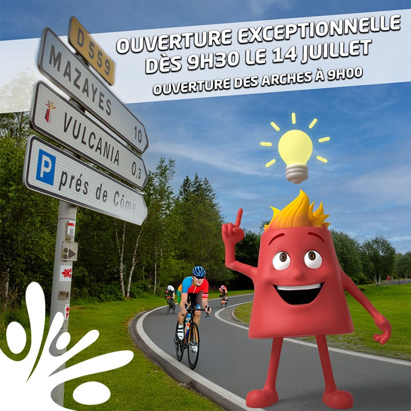 Le Tour de France passera à proximité de Clermont-Ferrand lundi 14 juillet, ce qui entraînera une fermeture des routes à la sortie de l’agglomération clermontoise entre 10h00 et 16h00. Afin de vous permettre une bonne organisation et de passer une belle journée d’exploration, les parkings sont accessibles dès 09h00 et les animations ouvriront dès 09h30 ce lundi !